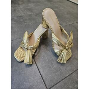 Gold Summer Mid Block Heels Pleated Bowknot Open Toe Size 9 Sandals Pumps